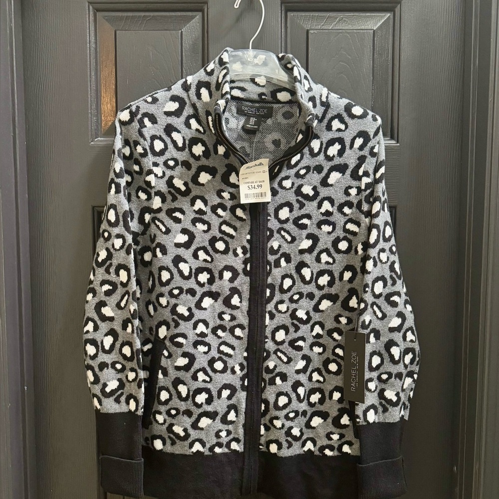 Rachel Zoe Black and Gray Leopard Bomber Jacket